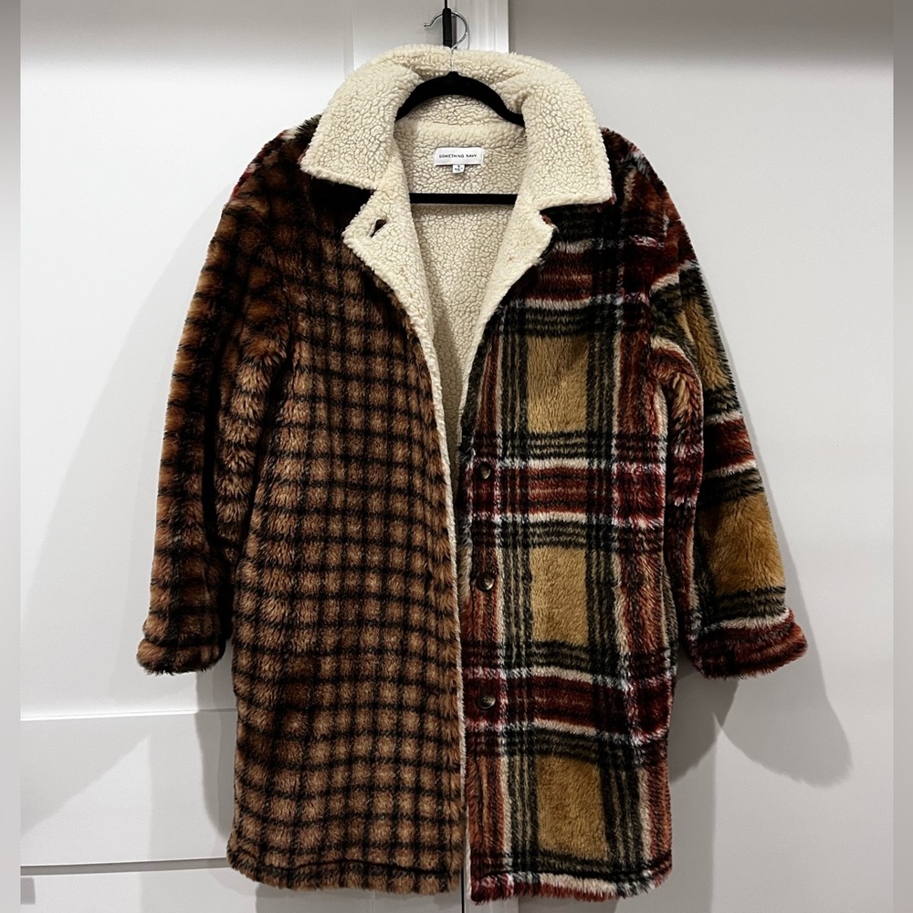 Something Navy Faux Fur Plaid Coat